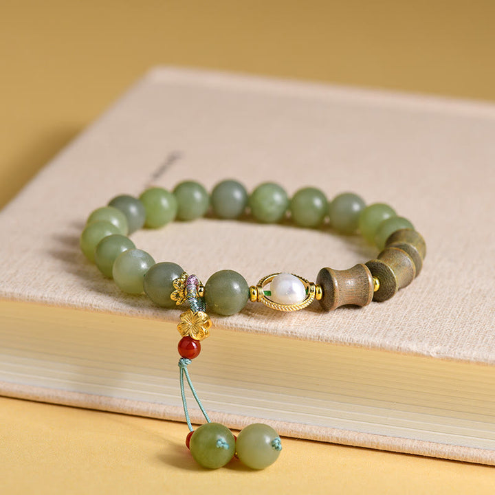 Pulsera de prosperidad con Buddha Stones, jade, sándalo, bambú y perla