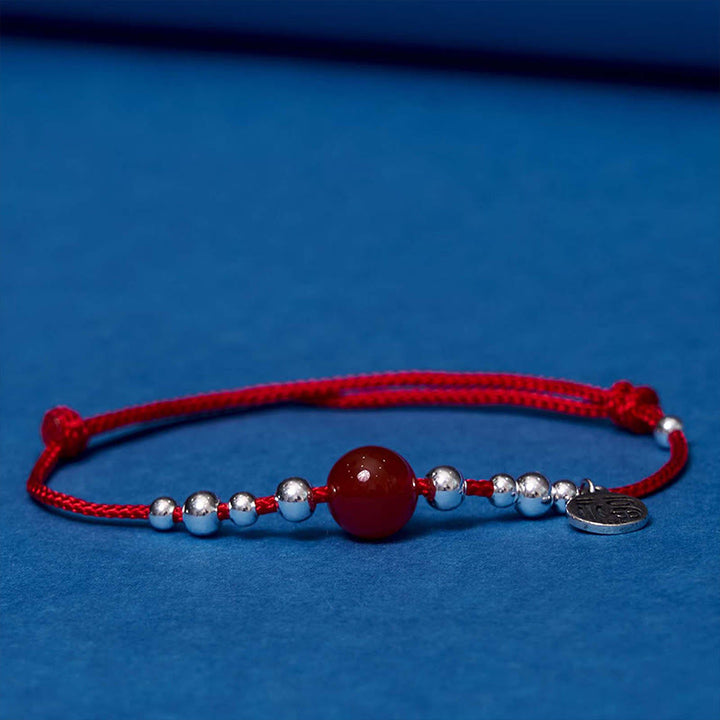 Pulsera de cuerda ultrafina trenzada de ágata roja con carácter Fu de plata esterlina 925 hecha a mano Buddha Stones