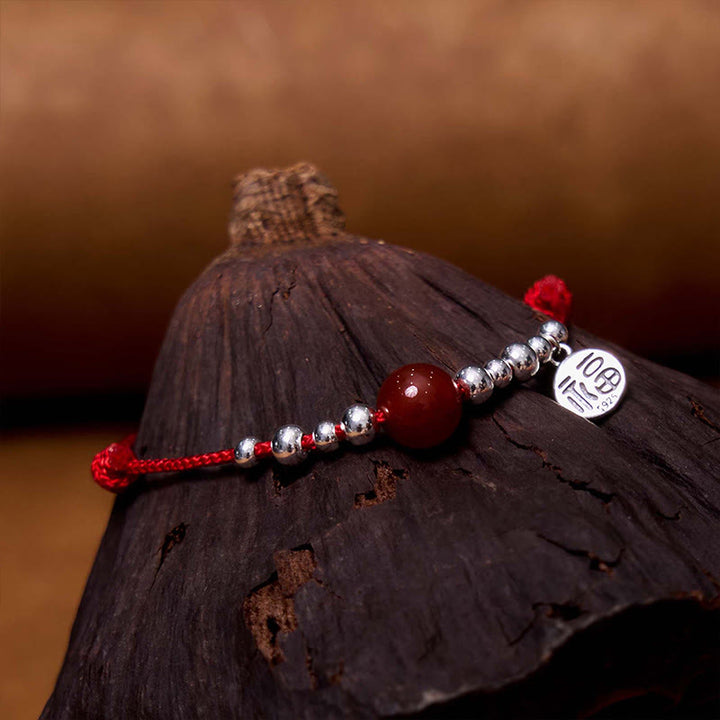 Pulsera de cuerda ultrafina trenzada de ágata roja con carácter Fu de plata esterlina 925 hecha a mano Buddha Stones