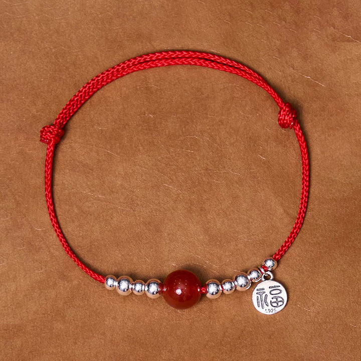 Pulsera de cuerda ultrafina trenzada de ágata roja con carácter Fu de plata esterlina 925 hecha a mano Buddha Stones