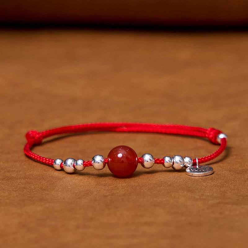 Pulsera de cuerda ultrafina trenzada de ágata roja con carácter Fu de plata esterlina 925 hecha a mano Buddha Stones - image 1
