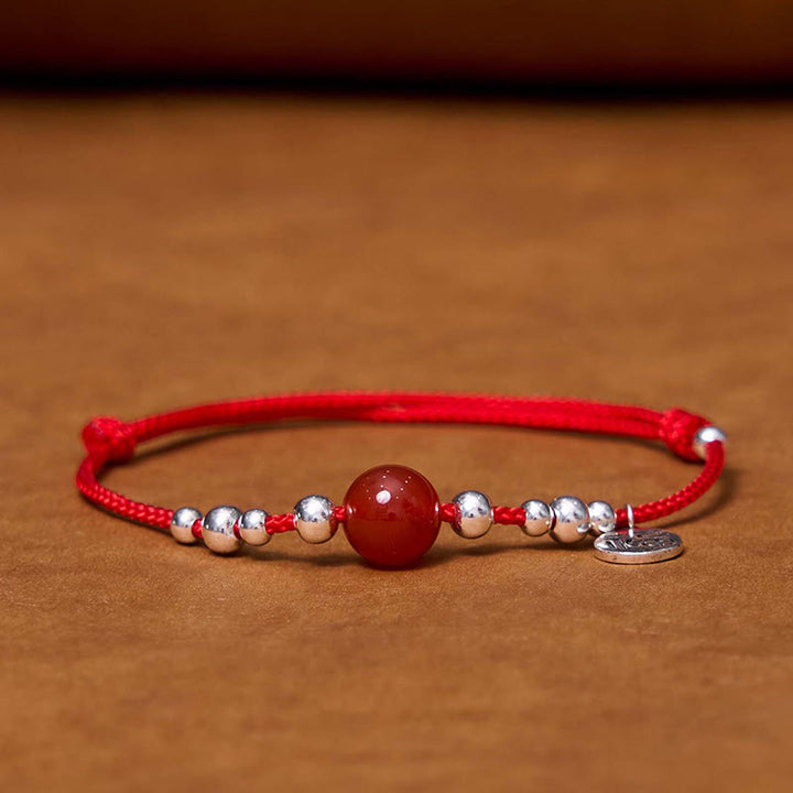 Pulsera de cuerda ultrafina trenzada de ágata roja con carácter Fu de plata esterlina 925 hecha a mano Buddha Stones - image 1
