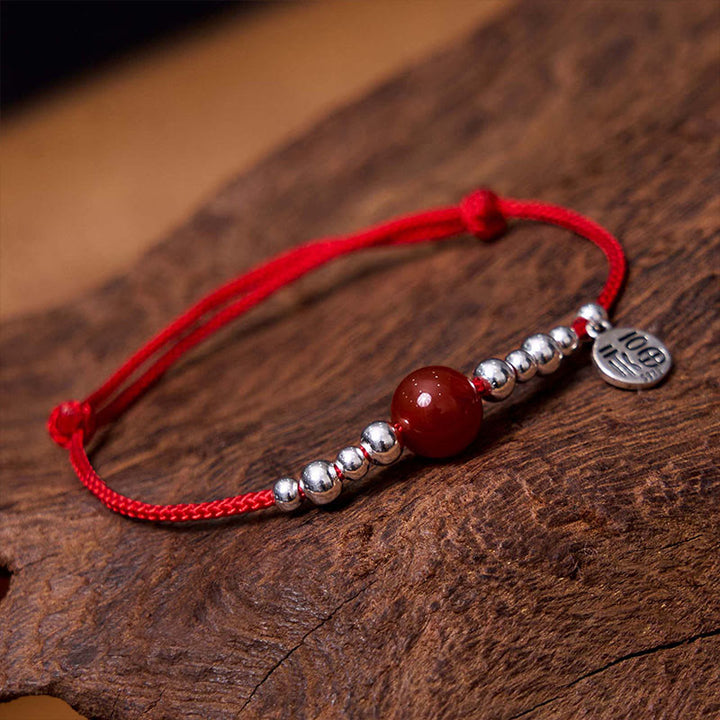 Pulsera de cuerda ultrafina trenzada de ágata roja con carácter Fu de plata esterlina 925 hecha a mano Buddha Stones