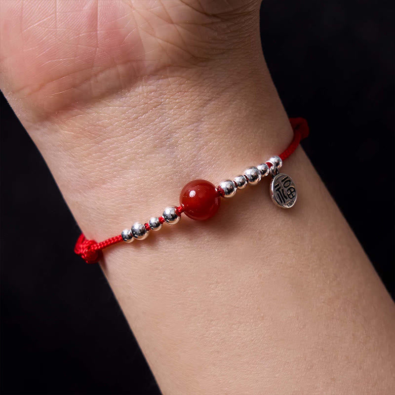Pulsera de cuerda ultrafina trenzada de ágata roja con carácter Fu de plata esterlina 925 hecha a mano Buddha Stones
