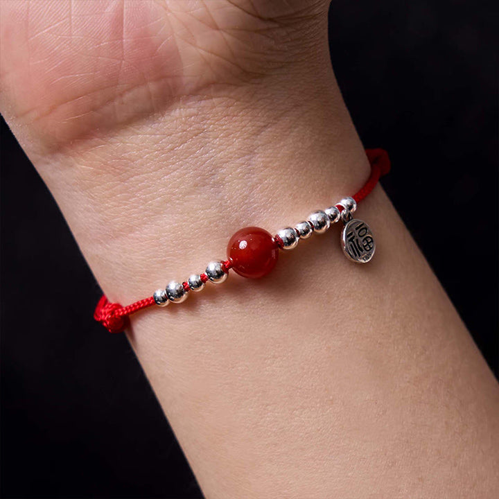 Pulsera de cuerda ultrafina trenzada de ágata roja con carácter Fu de plata esterlina 925 hecha a mano Buddha Stones