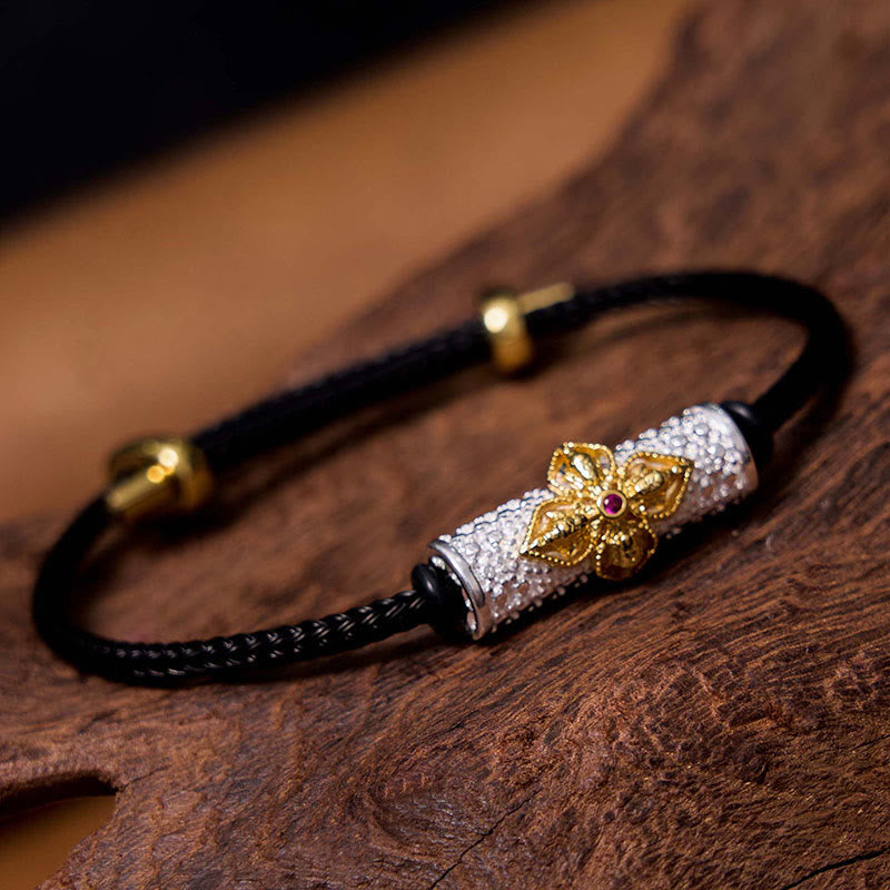 Buddha Stones Pulsera de hilo rojo de cobre de la suerte - Hilo negro con flores de plata y oro (circunferencia de la muñeca: 14-20 cm) - image 28