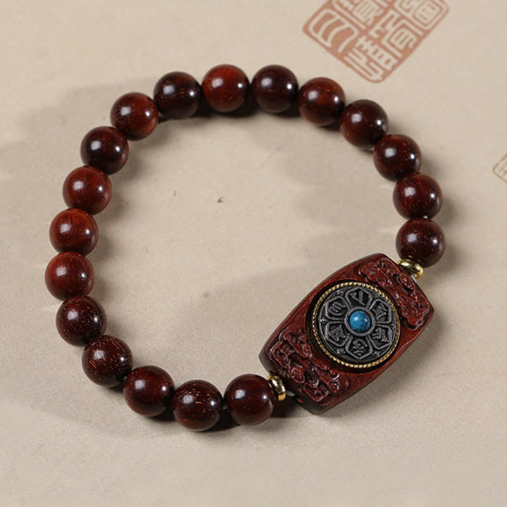 Pulsera de seis palabras verdaderas de la paz con hojas pequeñas de sándalo rojo y sándalo verde y piedras de Buddha Stones