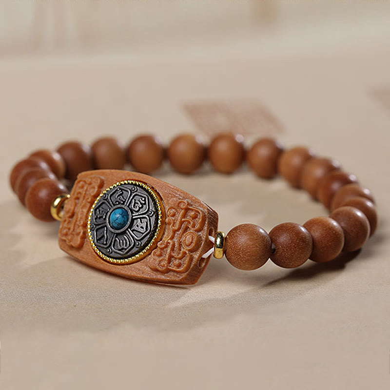 Pulsera de seis palabras verdaderas de la paz con hojas pequeñas de sándalo rojo y sándalo verde y piedras de Buddha Stones