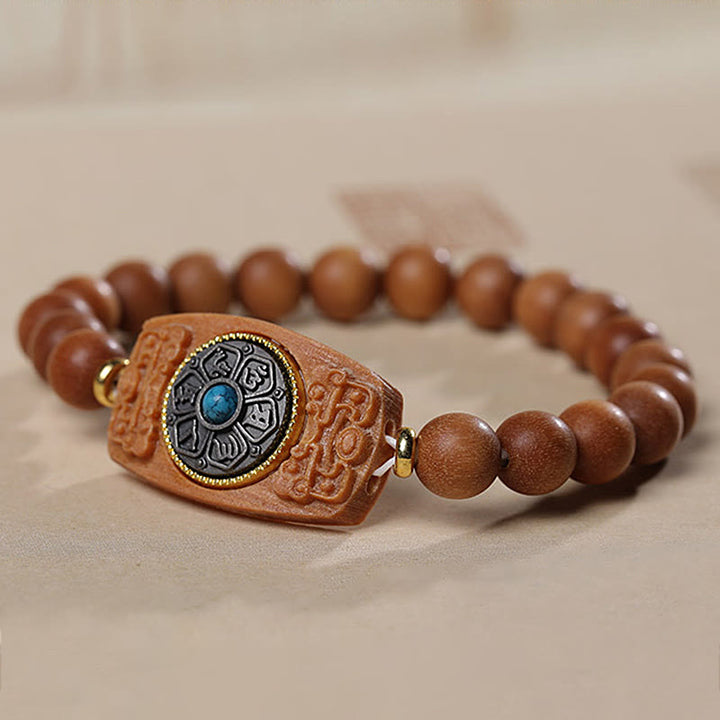 Pulsera de seis palabras verdaderas de la paz con hojas pequeñas de sándalo rojo y sándalo verde y piedras de Buddha Stones