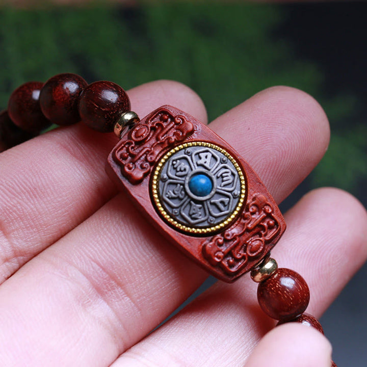 Pulsera de seis palabras verdaderas de la paz con hojas pequeñas de sándalo rojo y sándalo verde y piedras de Buddha Stones