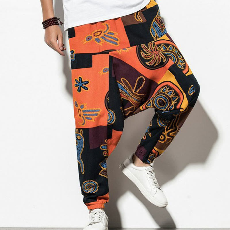 Pantalones harén para hombre con estampado de pájaros, grafiti en rojo y marrón, con Buddha Stones y bolsillos - Naranja oscuro - US/UK/AU44, UE54 (5XL) - image 12