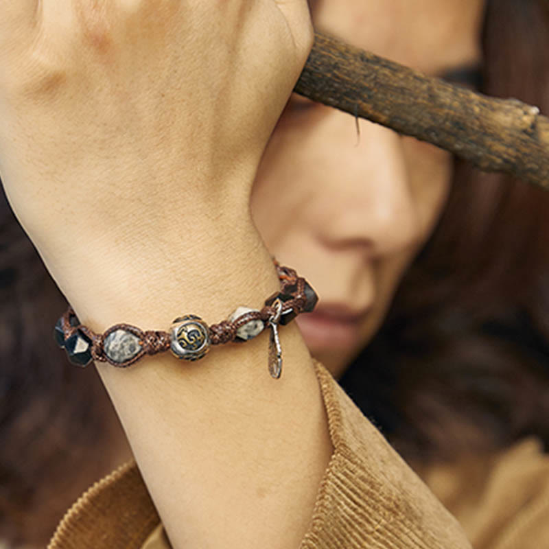 Pulsera trenzada hecha a mano con cuerda de transporte de obsidiana y plata de ley 925 con Buddha Stones retro - image 13