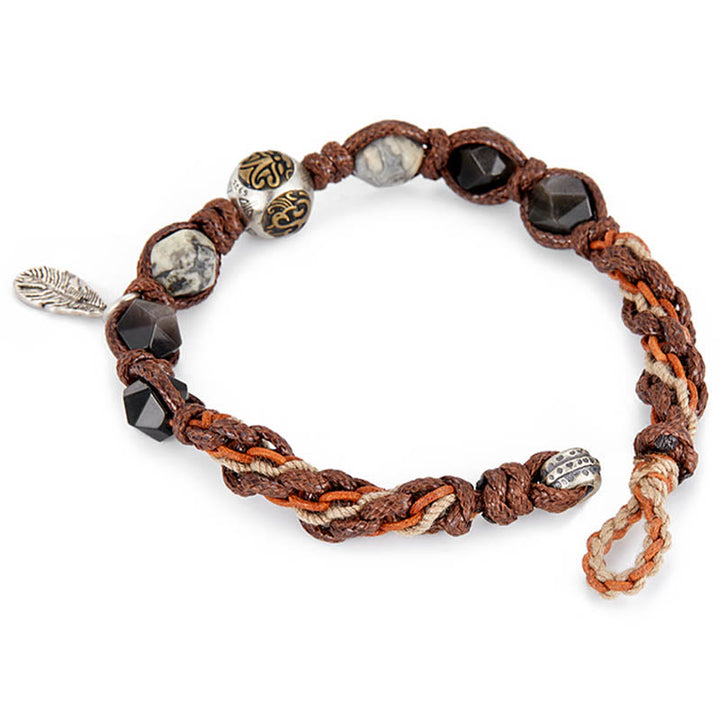 Pulsera trenzada hecha a mano con cuerda de transporte de obsidiana y plata de ley 925 con Buddha Stones retro - image 3
