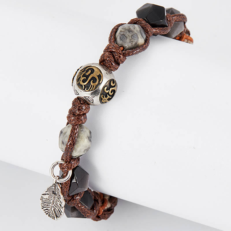 Pulsera trenzada hecha a mano con cuerda de transporte de obsidiana y plata de ley 925 con Buddha Stones retro - image 9
