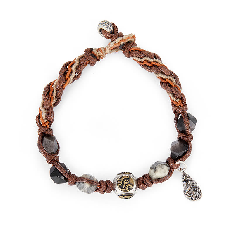 Pulsera trenzada hecha a mano con cuerda de transporte de obsidiana y plata de ley 925 con Buddha Stones retro - image 2