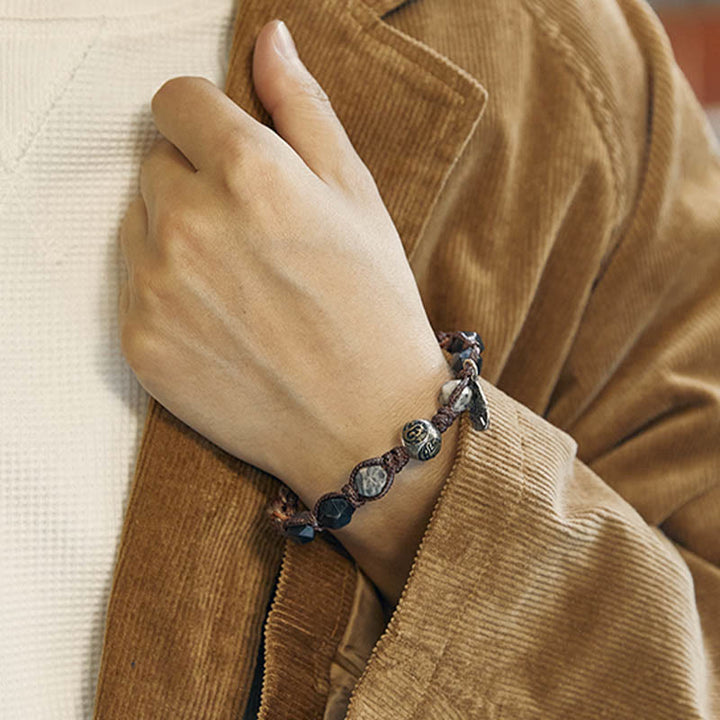 Pulsera trenzada hecha a mano con cuerda de transporte de obsidiana y plata de ley 925 con Buddha Stones retro - image 4