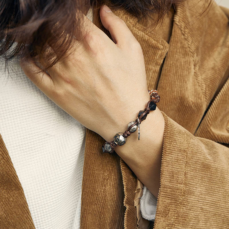 Pulsera trenzada hecha a mano con cuerda de transporte de obsidiana y plata de ley 925 con Buddha Stones retro - image 12