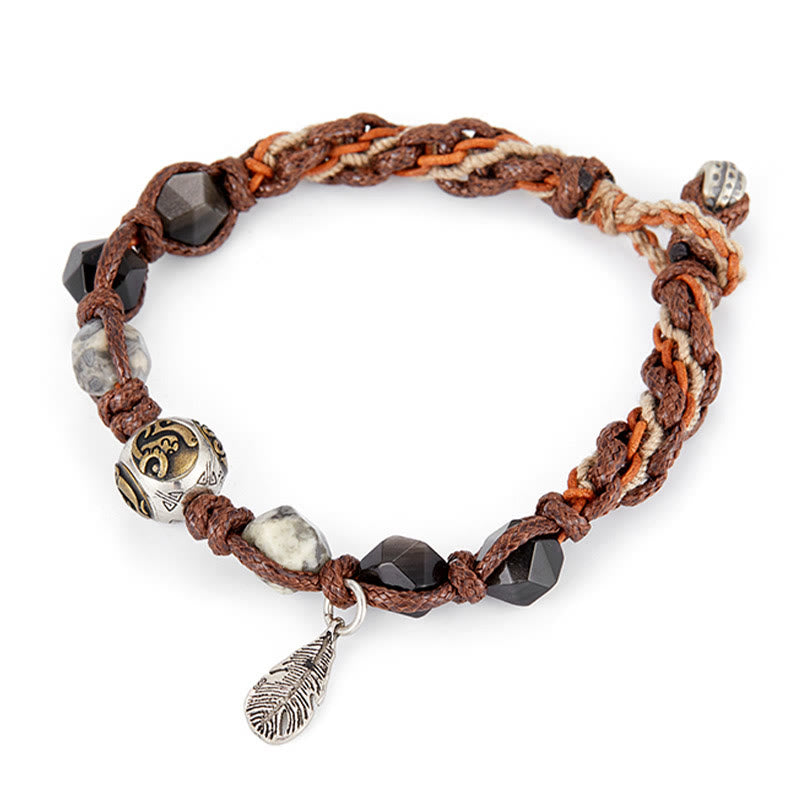 Pulsera trenzada hecha a mano con cuerda de transporte de obsidiana y plata de ley 925 con Buddha Stones retro - image 10