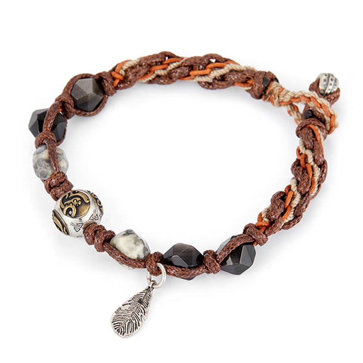 Pulsera trenzada hecha a mano con cuerda de transporte de obsidiana y plata de ley 925 con Buddha Stones retro - image 10