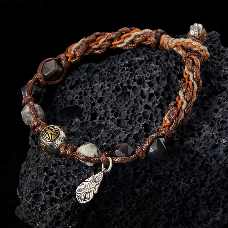 Pulsera trenzada hecha a mano con cuerda de transporte de obsidiana y plata de ley 925 con Buddha Stones retro - image 1