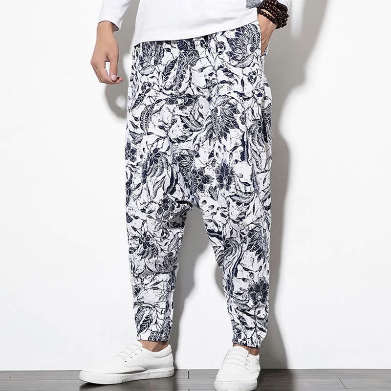 Pantalones harén largos de algodón con estampado de hojas, vides y Buddha Stones para hombre con bolsillos - image 8