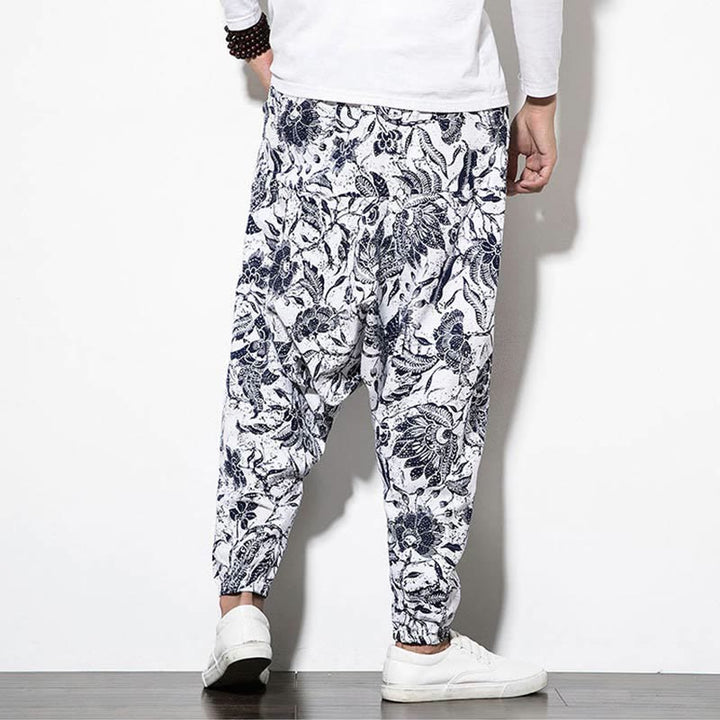Pantalones harén largos de algodón con estampado de hojas, vides y Buddha Stones para hombre con bolsillos - image 2