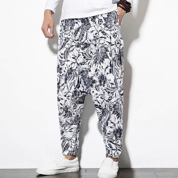 Pantalones harén largos de algodón con estampado de hojas, vides y Buddha Stones para hombre con bolsillos - image 8