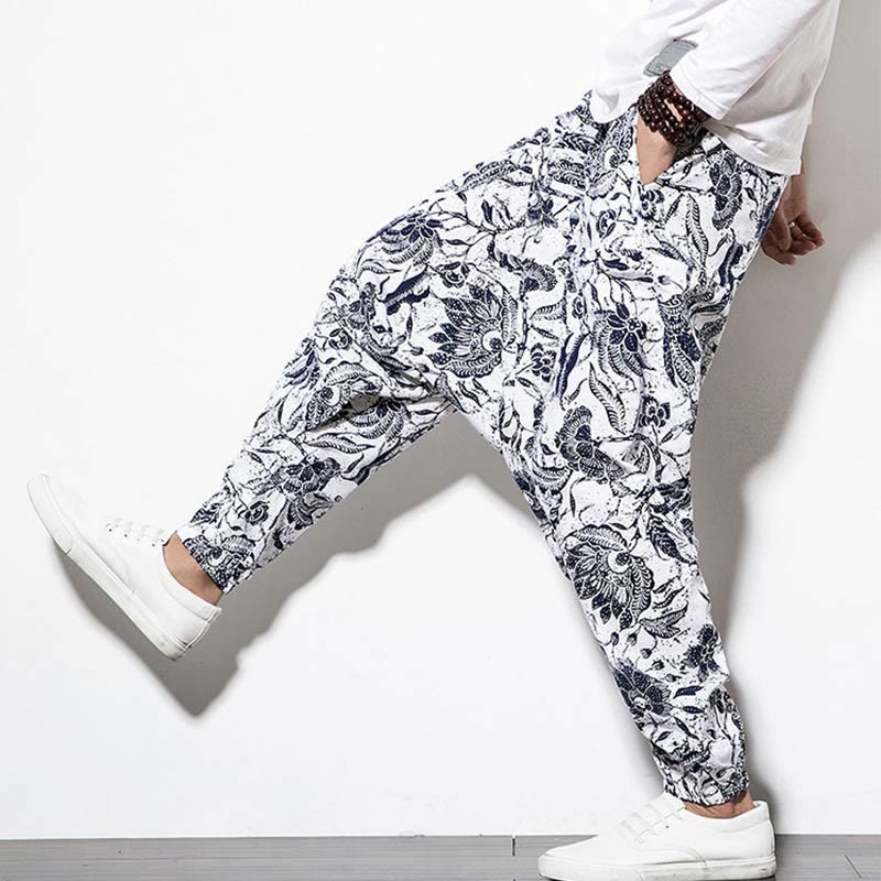 Pantalones harén largos de algodón con estampado de hojas, vides y Buddha Stones para hombre con bolsillos - image 6