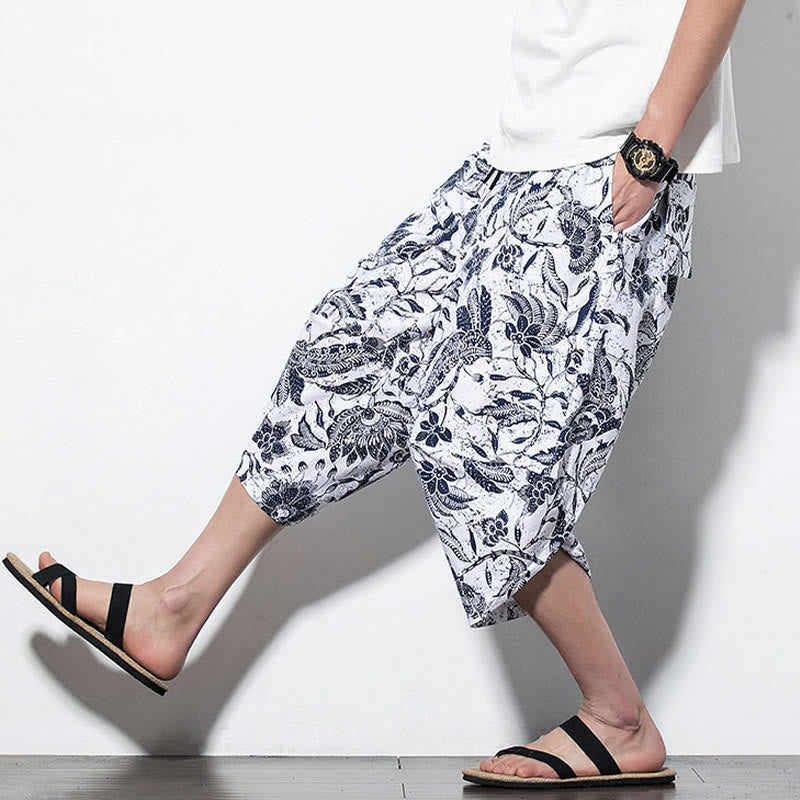 Pantalones harén largos de algodón con estampado de hojas, vides y Buddha Stones para hombre con bolsillos - image 18