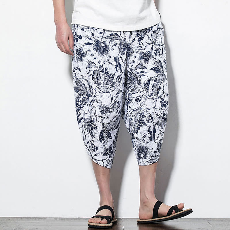 Pantalones harén largos de algodón con estampado de hojas, vides y Buddha Stones para hombre con bolsillos - image 14