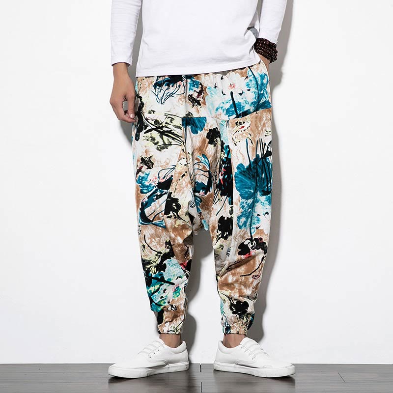 Pantalones harén largos de algodón con bolsillos para hombre con estampado de flores, hojas, Buddha Stones y pintura en marrón y azul - image 1
