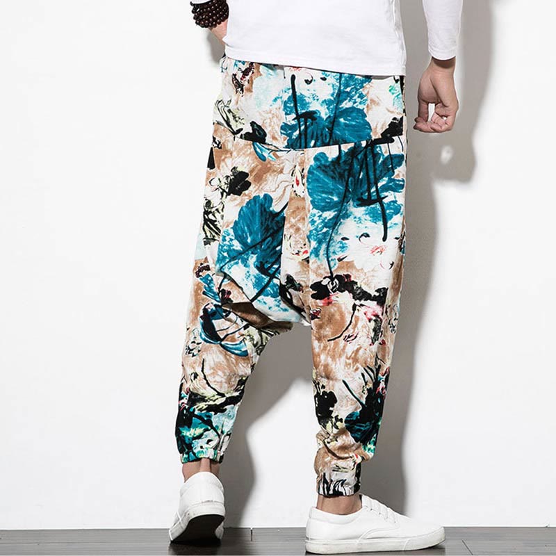 Pantalones harén largos de algodón con bolsillos para hombre con estampado de flores, hojas, Buddha Stones y pintura en marrón y azul - image 2