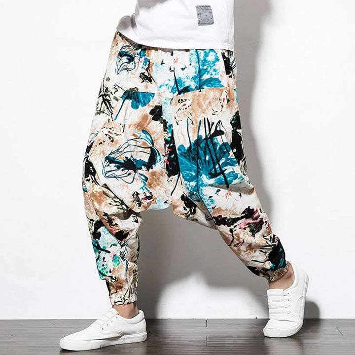 Pantalones harén largos de algodón con bolsillos para hombre con estampado de flores, hojas, Buddha Stones y pintura en marrón y azul - image 6