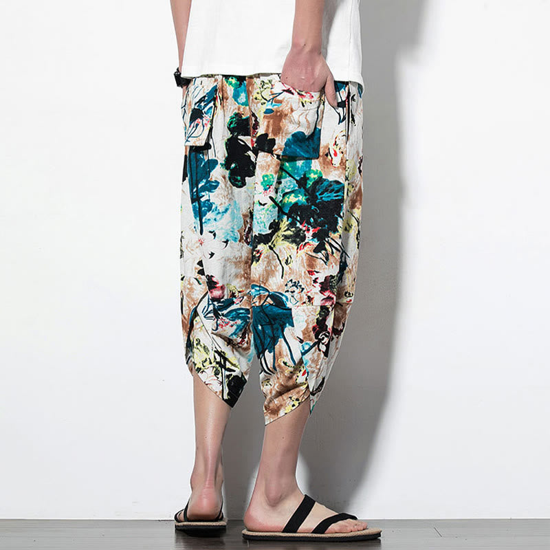 Pantalones harén largos de algodón con bolsillos para hombre con estampado de flores, hojas, Buddha Stones y pintura en marrón y azul - image 11