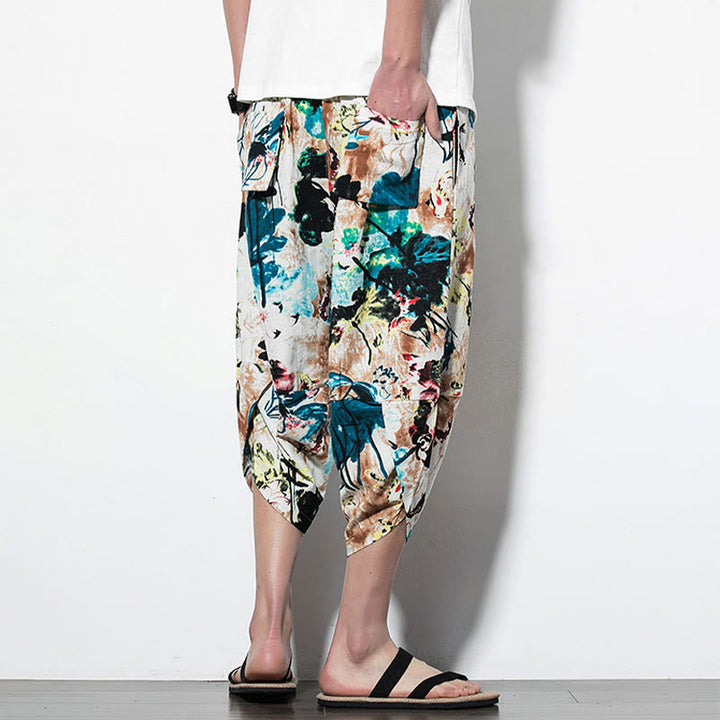 Pantalones harén largos de algodón con bolsillos para hombre con estampado de flores, hojas, Buddha Stones y pintura en marrón y azul - image 11