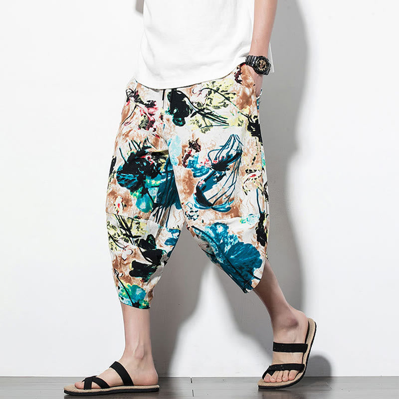 Pantalones harén largos de algodón con bolsillos para hombre con estampado de flores, hojas, Buddha Stones y pintura en marrón y azul - image 18