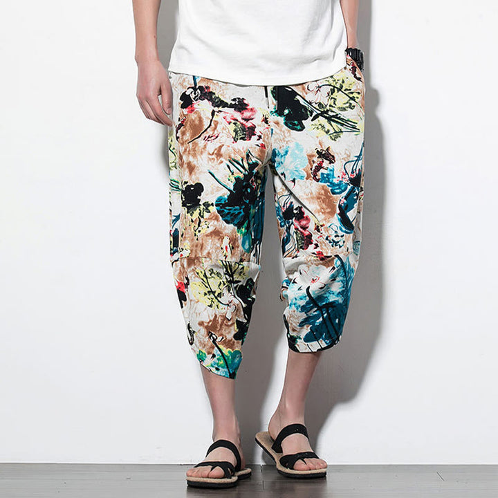 Pantalones harén largos de algodón con bolsillos para hombre con estampado de flores, hojas, Buddha Stones y pintura en marrón y azul - image 15