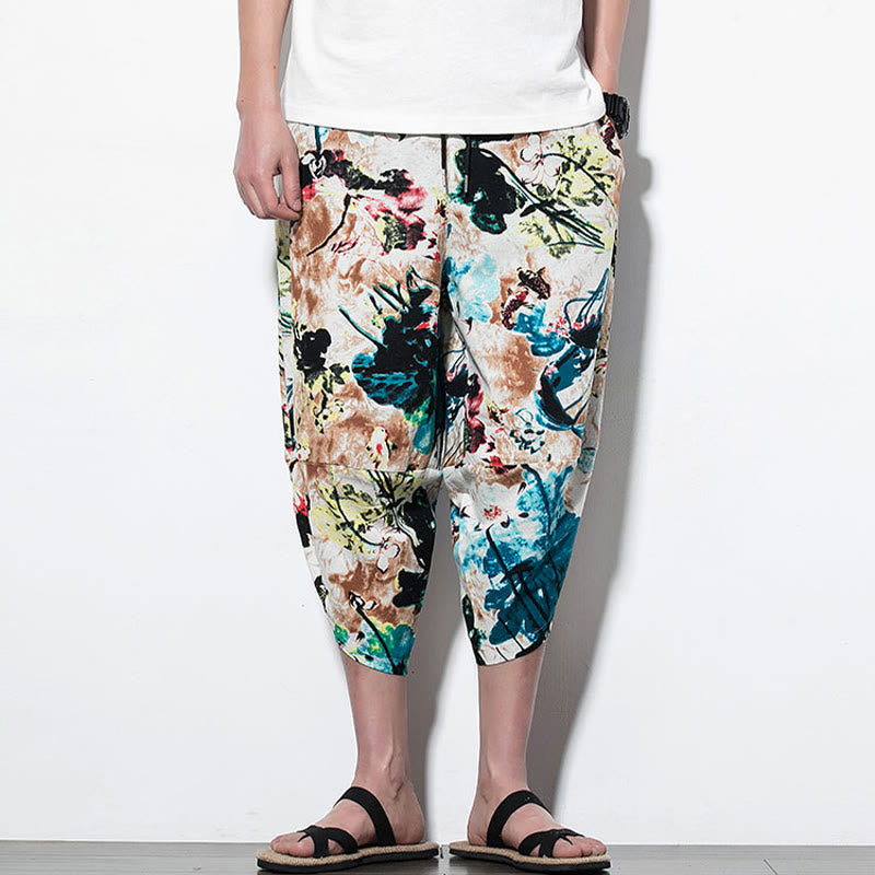 Pantalones harén largos de algodón con bolsillos para hombre con estampado de flores, hojas, Buddha Stones y pintura en marrón y azul - image 10