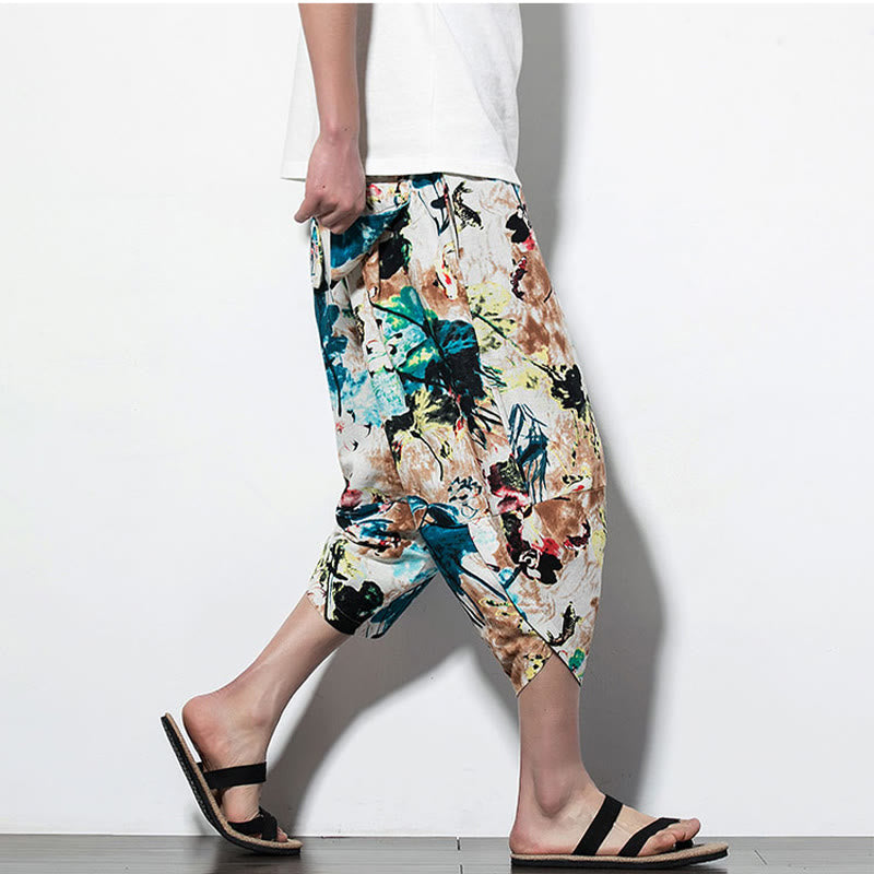 Pantalones harén largos de algodón con bolsillos para hombre con estampado de flores, hojas, Buddha Stones y pintura en marrón y azul - image 17
