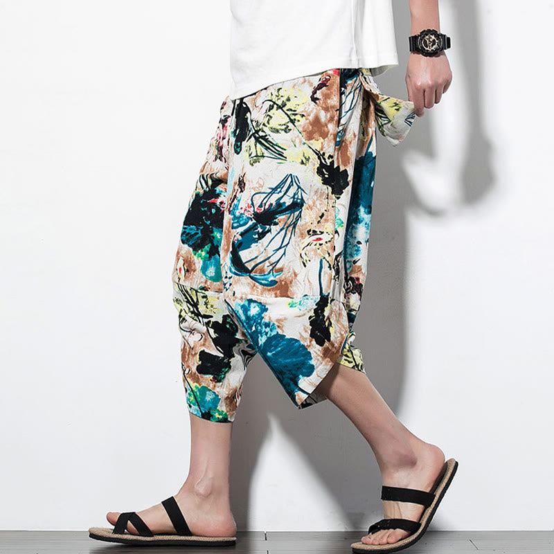 Pantalones harén largos de algodón con bolsillos para hombre con estampado de flores, hojas, Buddha Stones y pintura en marrón y azul - Estilo corto, color arena, marrón y azul - US/UK/AU46, EU56 (5XL) - image 9