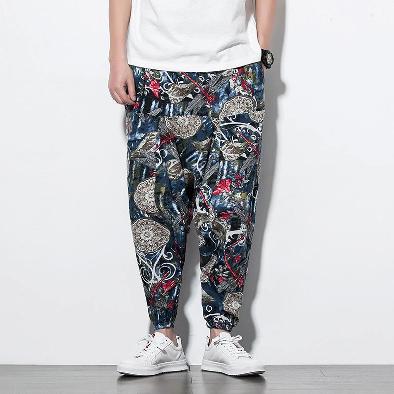 Pantalones harén de algodón para hombre con bolsillos y estampado de diente de león, libélula roja y Buddha Stones - image 1