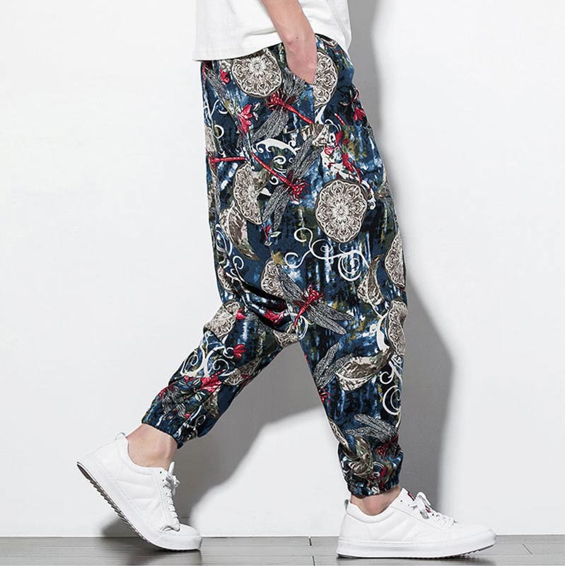 Pantalones harén de algodón para hombre con bolsillos y estampado de diente de león, libélula roja y Buddha Stones - image 3