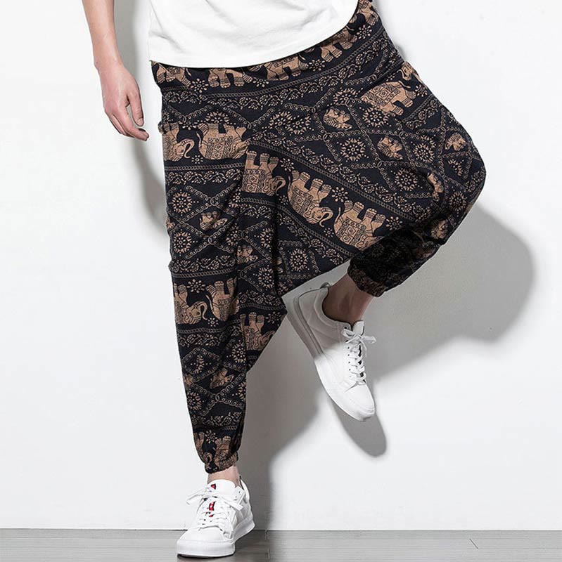 Pantalones harén largos de algodón con bolsillos para hombre, estampado de elefantes , Buddha Stones , marrón y negro - image 7