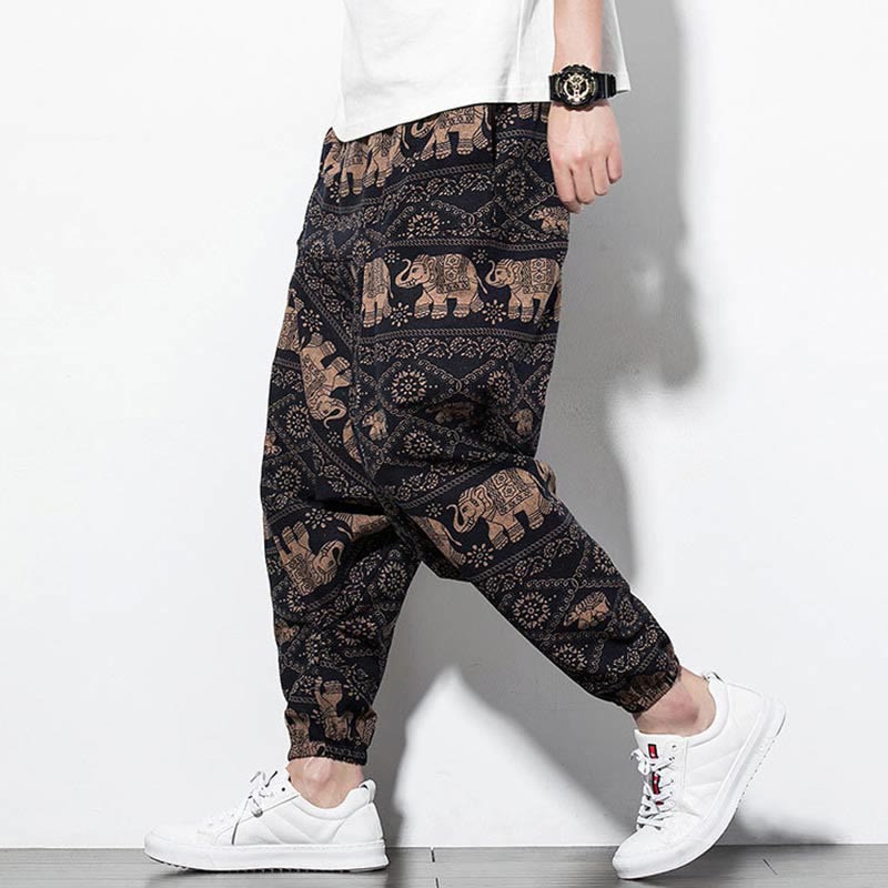 Pantalones harén largos de algodón con bolsillos para hombre, estampado de elefantes , Buddha Stones , marrón y negro - Elefante de estilo largo - US/UK/AU46, EU56 (5XL) - image 0