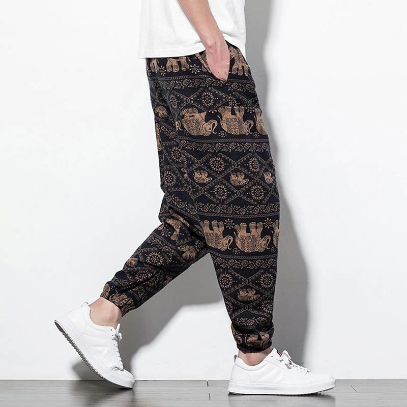 Pantalones harén largos de algodón con bolsillos para hombre, estampado de elefantes , Buddha Stones , marrón y negro - image 4