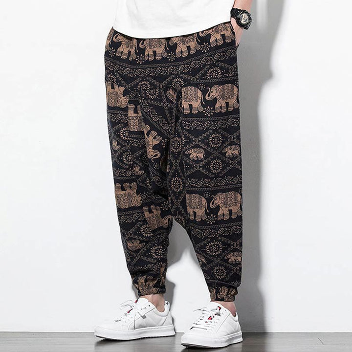 Pantalones harén largos de algodón con bolsillos para hombre, estampado de elefantes , Buddha Stones , marrón y negro - image 6