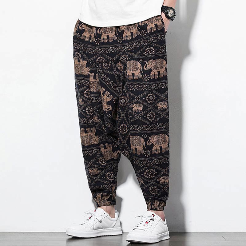 Pantalones harén largos de algodón con bolsillos para hombre, estampado de elefantes , Buddha Stones , marrón y negro - image 6