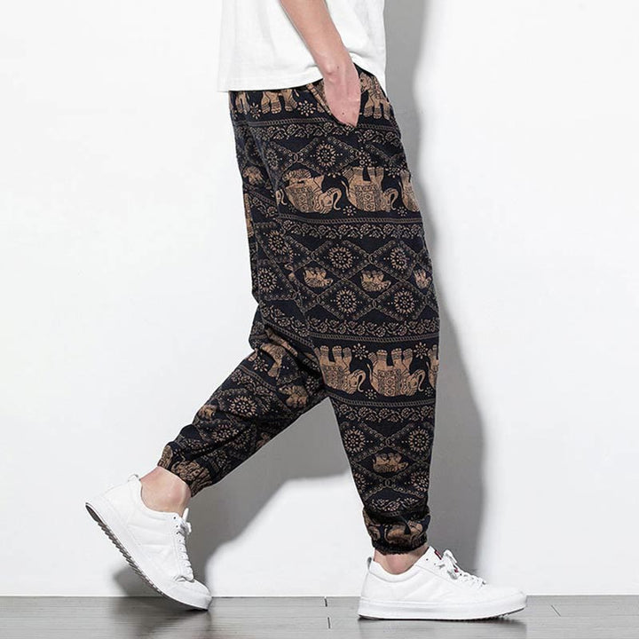 Pantalones harén largos de algodón con bolsillos para hombre, estampado de elefantes , Buddha Stones , marrón y negro - image 4
