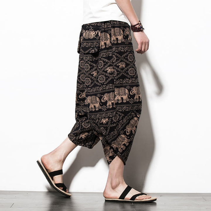 Pantalones harén largos de algodón con bolsillos para hombre, estampado de elefantes , Buddha Stones , marrón y negro - Elefante de estilo recortado - US/UK/AU46, EU56 (5XL) - image 9