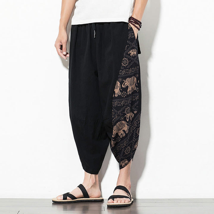 Pantalones harén cortos de algodón con estampado de elefante marrón y Buddha Stones para hombre con bolsillos - image 6